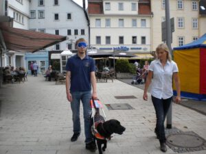 Blindenführhund in Ausbildung mit Führgeschirr und Ausbilder